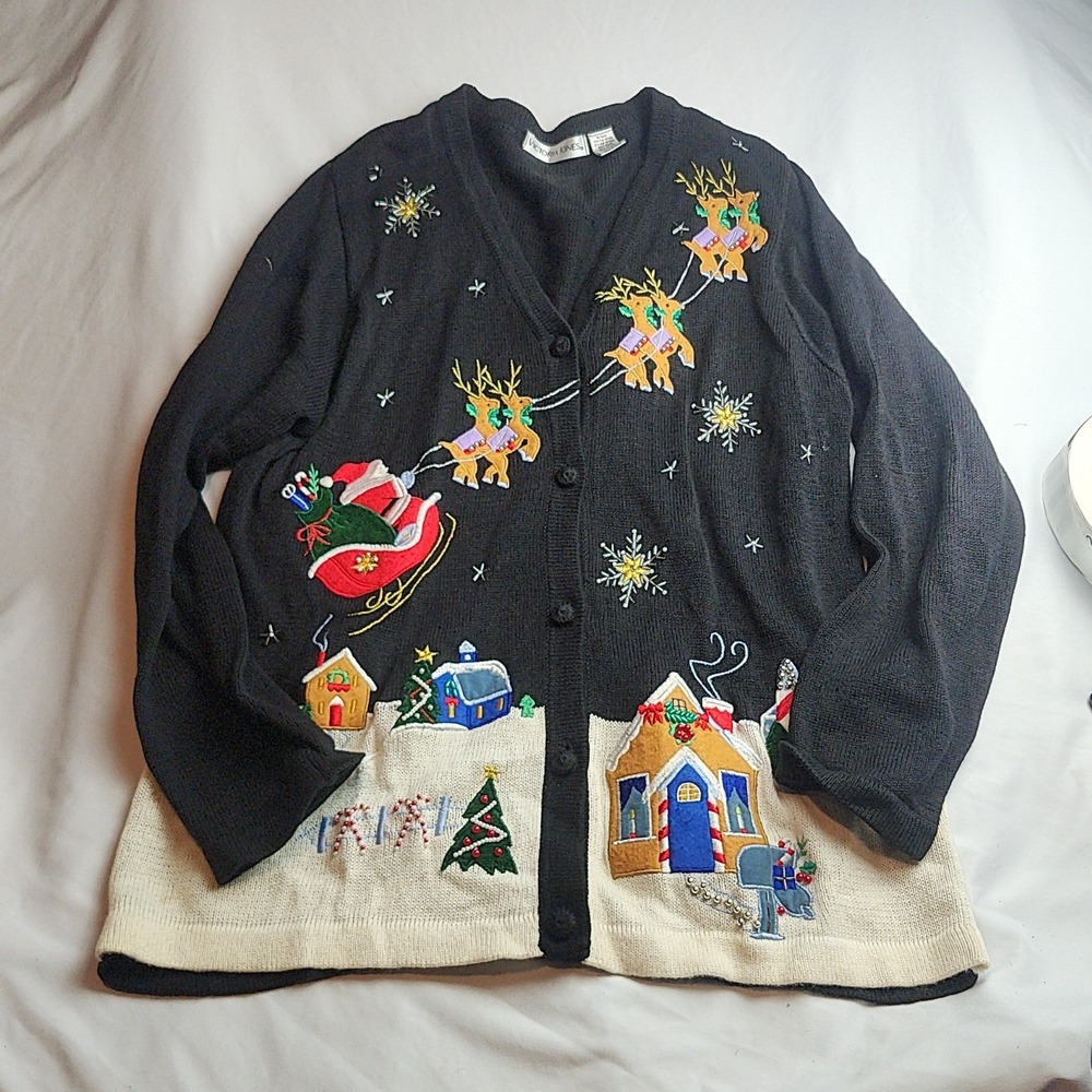 Vintage 90s Victoria Jones Christmas Cardigan Sweater Black Women's Size Large